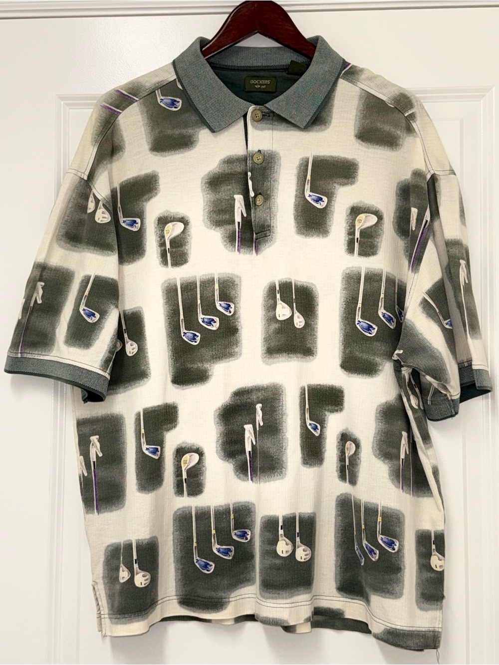 DOCKERS Mens XL Dust Green Golf Design Pattern Polo Shirt Vintage 90s Made N USA